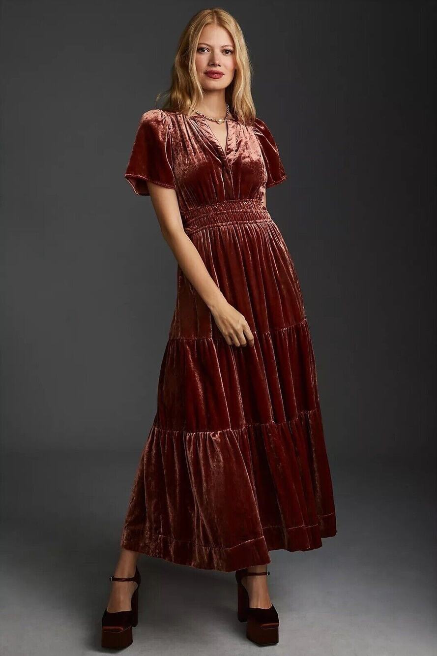 Anthropologie Womens Small Somerset Maxi Dress Velvet Tiered Holiday Formal